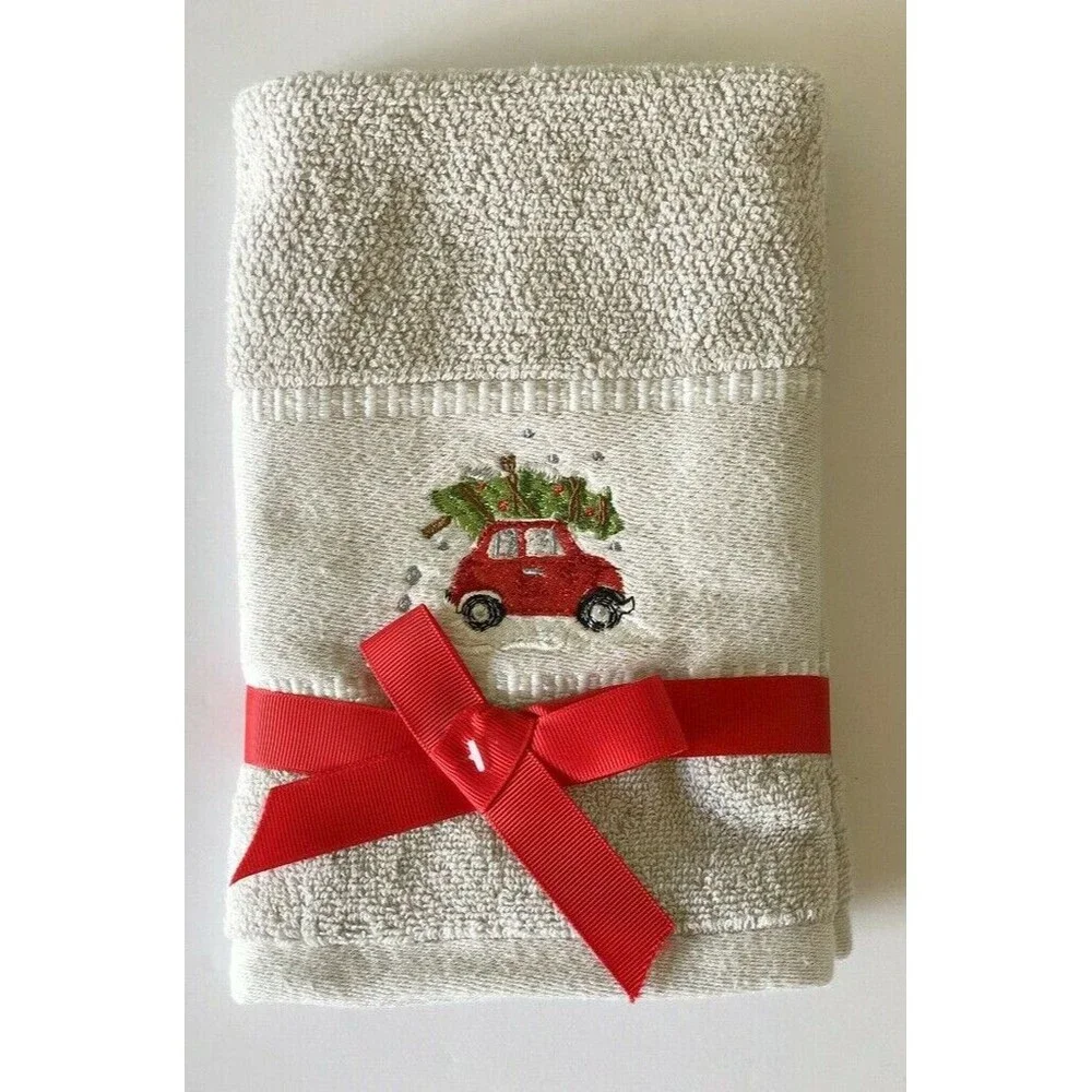 Caro Christmas Tree Fingertip Towels Red Car Embroidered Gray Guestroom Set of 2